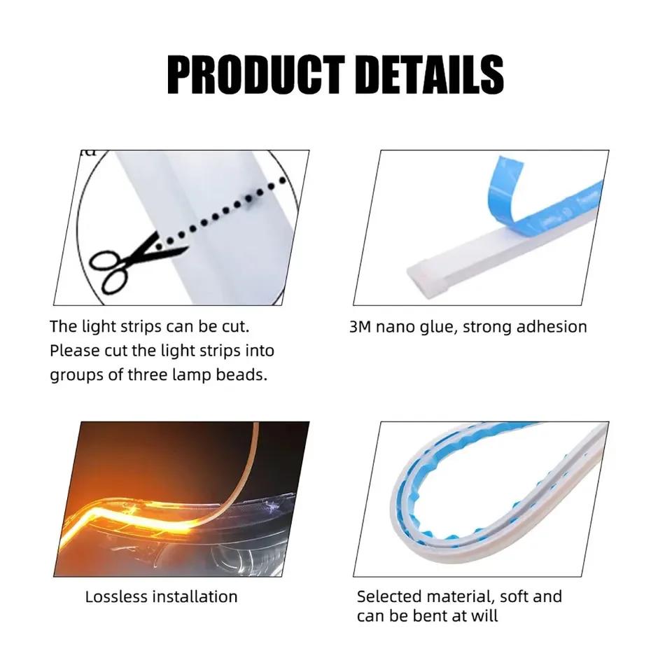 2pcs 12V RGB Car Led Strip Lights Flowing Turn Signal Lamp App Control Flexible Decorative Strip Waterproof DRL Day Running Lamp