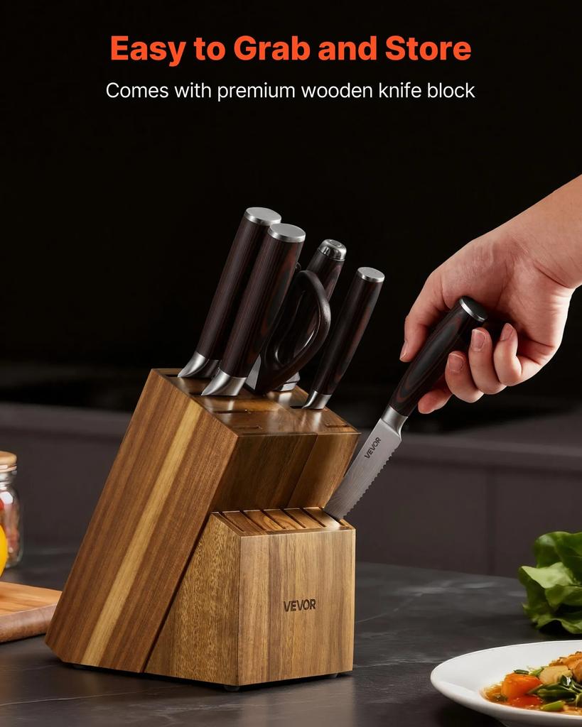 VEVOR Küchenmesser-Set mit Block und Schärfer, 15-teiliges Messer-Set aus hochkohlenstoffhaltigem Edelstahl