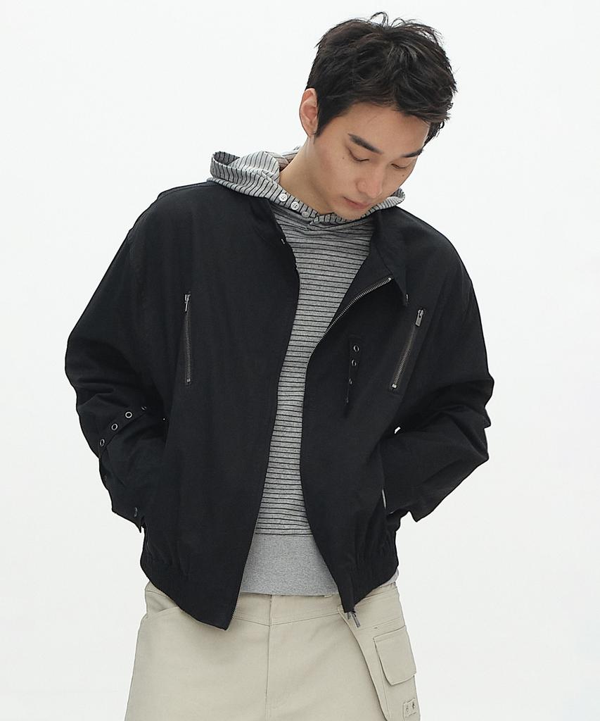 Placestudioman Eyelet Belted Detail Neck Button Blouson Oversized Cotton Jacket _3 Colors