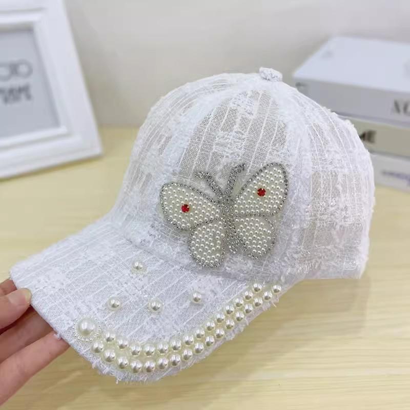 

Spring and Summer Rhinestones Pearl Butterfly Sweet Shade Baseball Cap Women s Mesh Breathable Cap adjustable білий