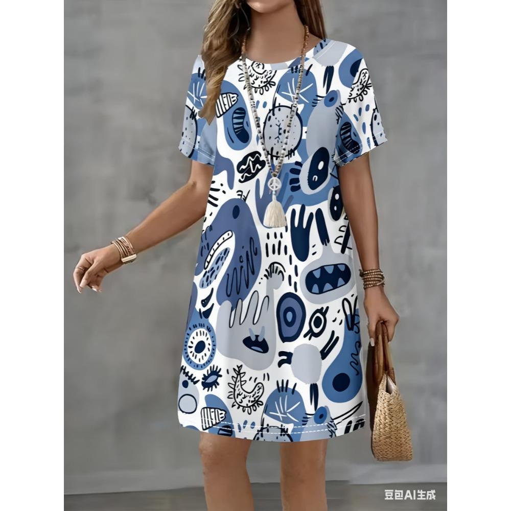 Mini-Kleid mit Rundhalsausschnitt ist für den Sommer und alle Jahreszeiten geeignet.. Es hat einen lockeren Schnitt.