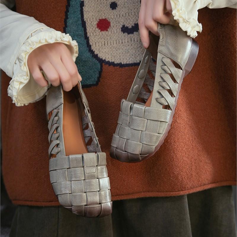 Johnature Genuine Leather Breathable Soft Soft Flat Sandals Lightweight And Comfortable Women's Slip-on Shoes