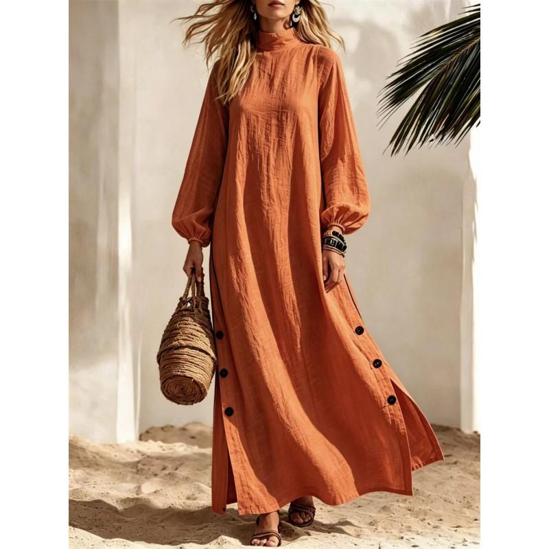 Half Turtleneck Long Dress Side Button Slit Loose Womens Fall Vacation