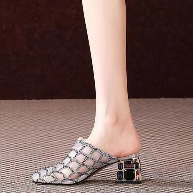 With Heel Woman Slippers Mesh Sandals Designer Luxury Small Size Shoes for Women Vip Slip-resistant Stylish New Fashion Slides