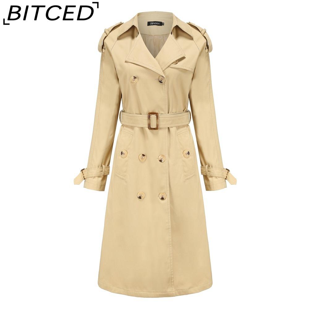 

BITCED Women s Long Trench Coat with Waist Cinch Cotton-Blend Fashion Jacket with Long Sleeves S хаки