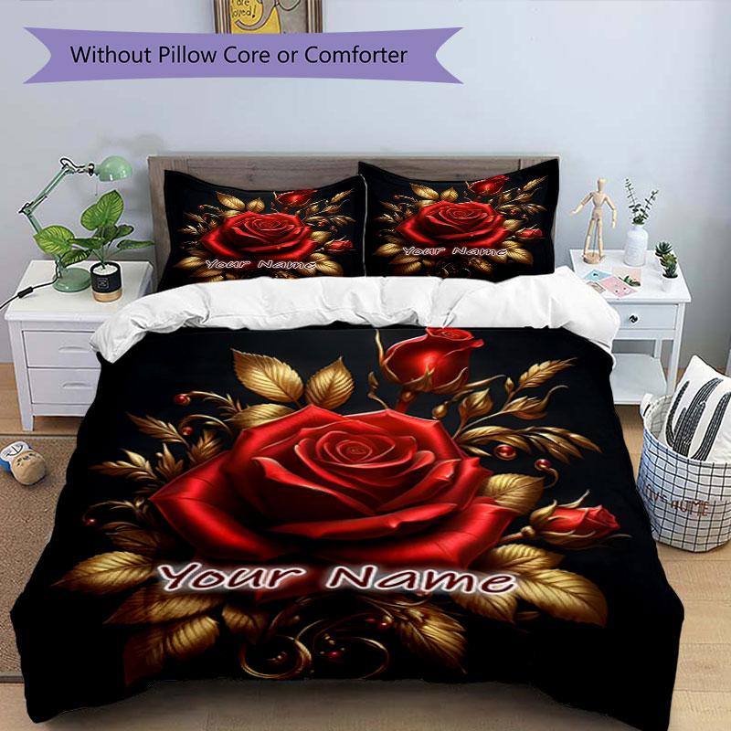 3PC Custom Name Roses Elegance Bedding Set Printed Bedding Set Duvet Cover Closure Includes 1 Duvet Cover & 2 Pillowcases for All Seasons Bedroom