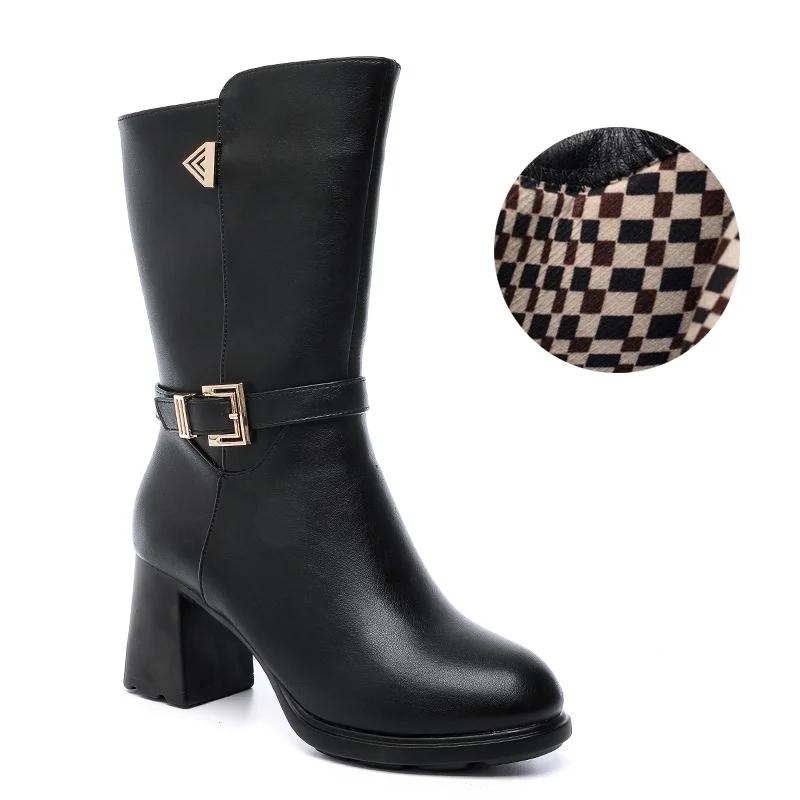 7cm Fashion Block High Heels Shoes Women Boots Fall Winter 2025 Mid Leg Soft Leather Warm Fur Motorcycle Boots for Office Mom