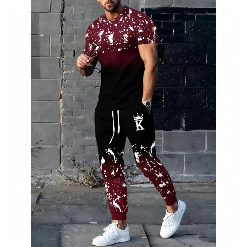Men's Polyester Sportswear | Elegant Casual Round Neck | Slightly Stretchy Knit with 3D Print Crown Pattern Short Sleeve T-Shirt and Pants