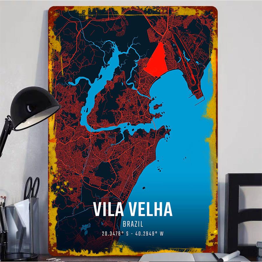 Vila Velha Brazil City Map Metal Wall Art Custom Geometric Decor with Coordinates Modern Home Decoration
