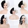 Nová Cosplay paruka CRUELLA De Vil Napůl bílá Napůl Černá Syntetické krátké vlnité paruky s ofinou Pro ženy Tepelně odolné přírodní vlasy