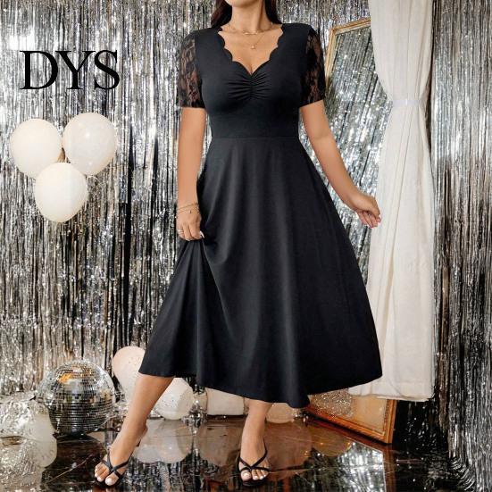 Robe ajustée à col en V Grande Taille Formelle pour Femmes Dentelle Manches Courtes Coupe A-line Légère Été Mère de la Mariée Invité de Mariage Robe de Soirée