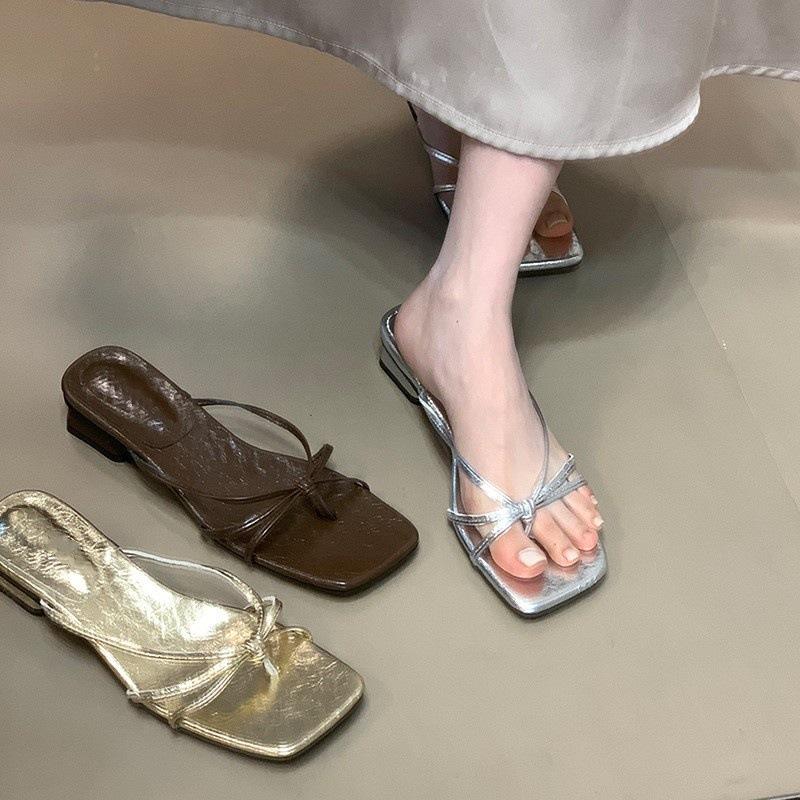 Square head silver niche one-word drag women's summer outer wear temperament simple toe low heel cool slippers