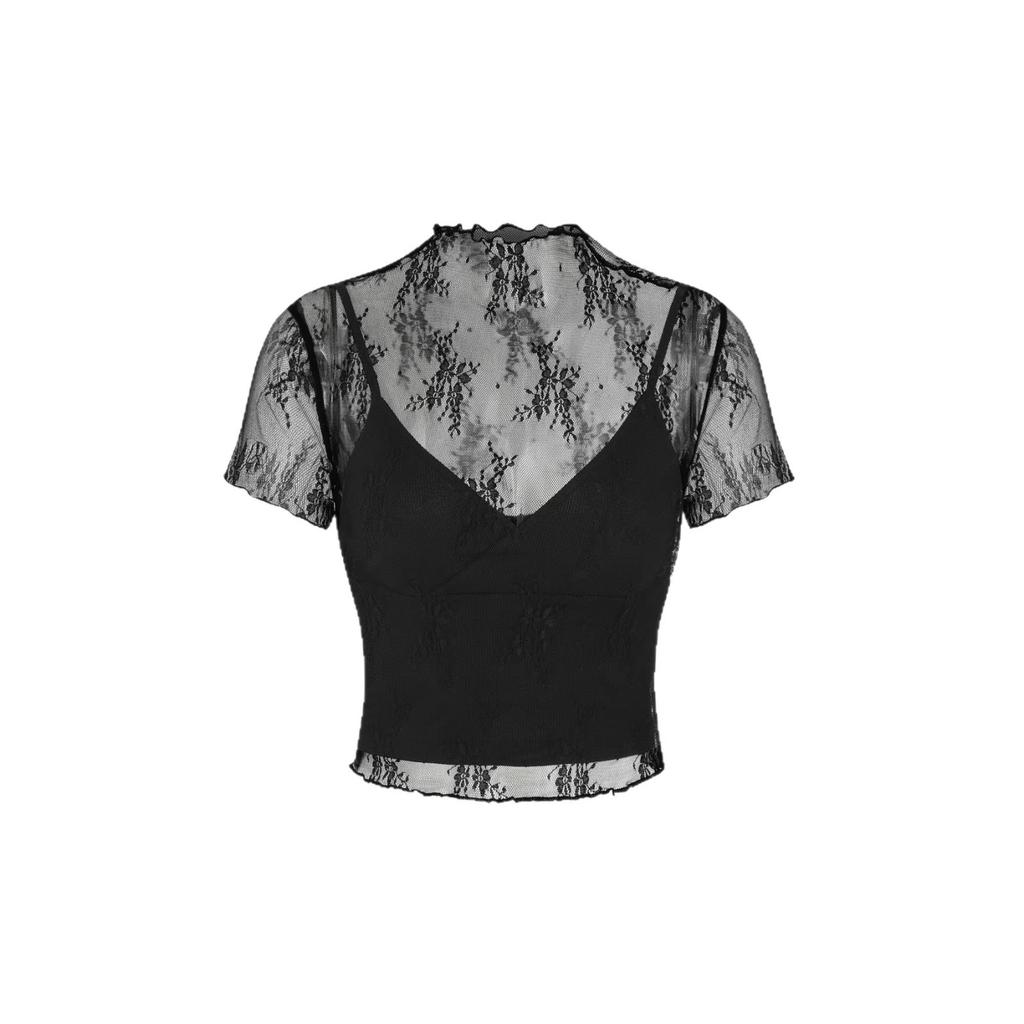 Lace top women's summer perspective thin mesh bottoming shirt Spice girl short-sleeved suspender shirt two-piece set