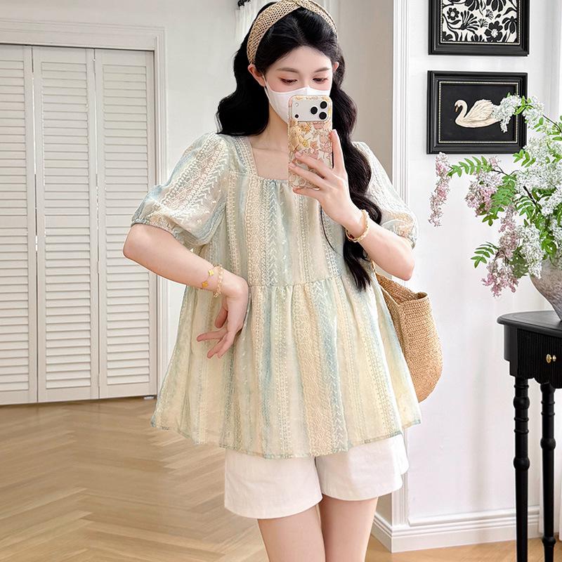 2026 Sommer Batik Stickerei Umstandsmode Zweiteiliges Set: Puppe Shirt + Coole Shorts