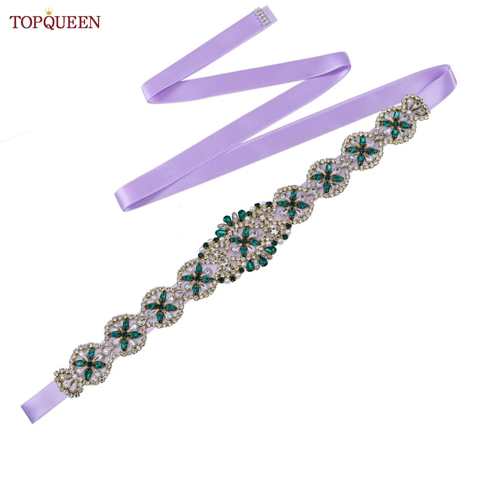 TOPQUEEN S161-KL Neuer Brautgürtel für Hochzeitskleider für Frauen in Gold, handgefertigt, Luxus-Schärpe, Zubehör für das tägliche Partykleid, grüner Strass