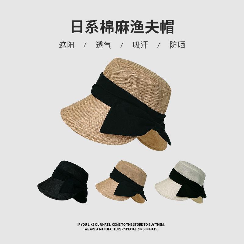 Japanese Cotton And Linen Bow Fisherman'S Hat Children'S Summer Big Eaves Sunscreen Basin Hat Breathable And Light Rear Split Sun Hat