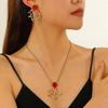 Faux Red Coral Drop Earrings And Necklace Textured Alloy Jewelry with Red Enamel Zircon Accents Unique Ocean-Inspired Design Gift for Women