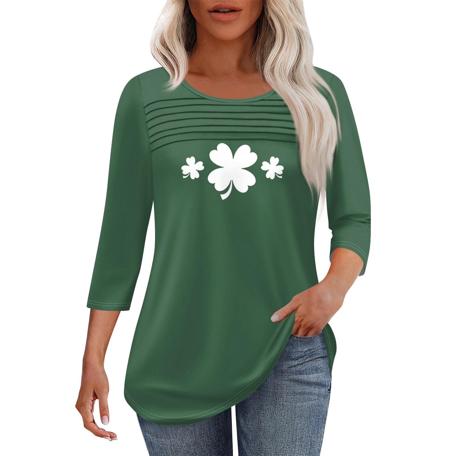 

Женская мода круглый вырез шея плиссированная передняя планка однотонный топ рукав 3/4 XL