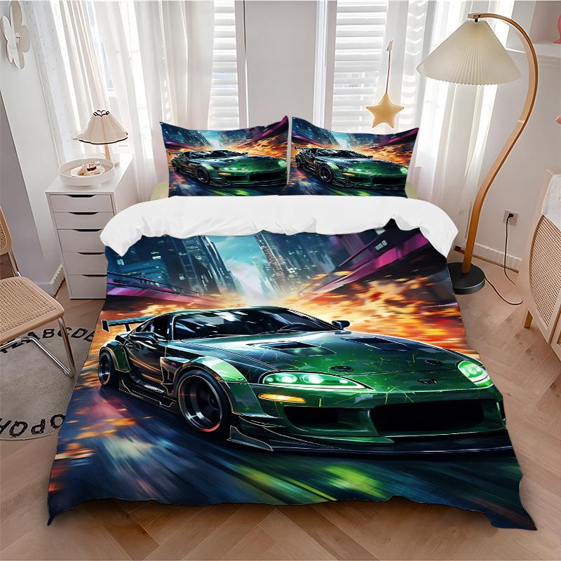 3pcs Green Sports Car Cover Set, 1 Cover + 2 Pillowcases (No Insert), Bedding for All Seasons, Bedding,Bedroom Decor Yy250922071