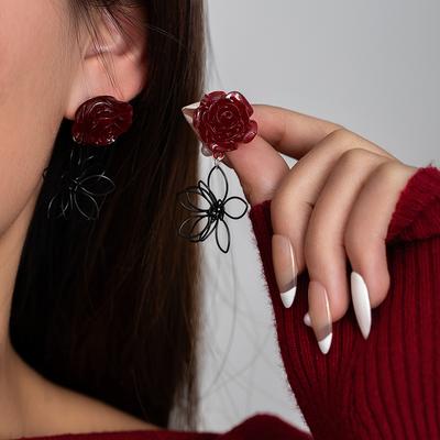 Antique Ankara Red Rose National Style Light Luxury Elegant Temperament Female Personalized Earrings
