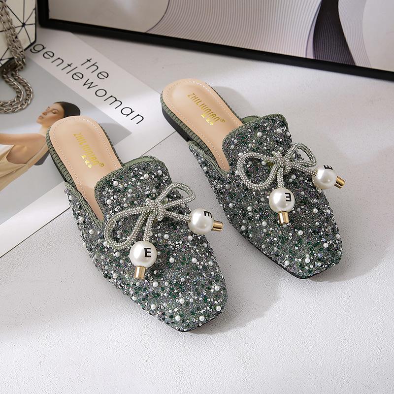

Женская обувь большого размера, баотоу с бантом из стразов, полушлепки с жемчугом, женские летние, для улицы, модные, сандалии, фея 35 зелёный