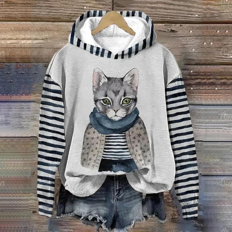 Sudadera con capucha para mujer, divertida sudadera con estampado de animales y gatos kawaii, ropa informal para mujer, sudadera bonita