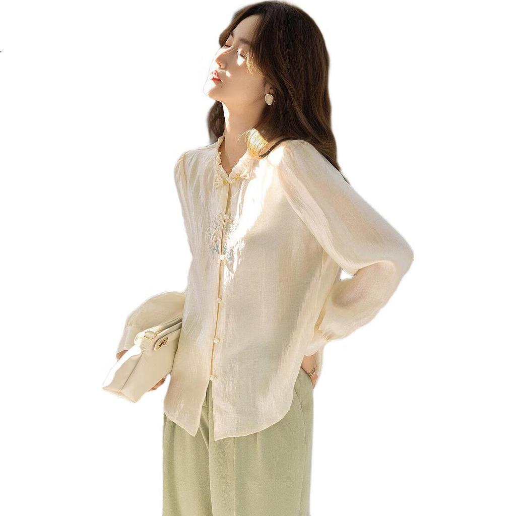 dme [Guangfengyue Shu] Spring Chinese-Style New Modern Lyocell Shirt with Embroidered Floral Motifs And Frog Buttons, Women's Blouse Top