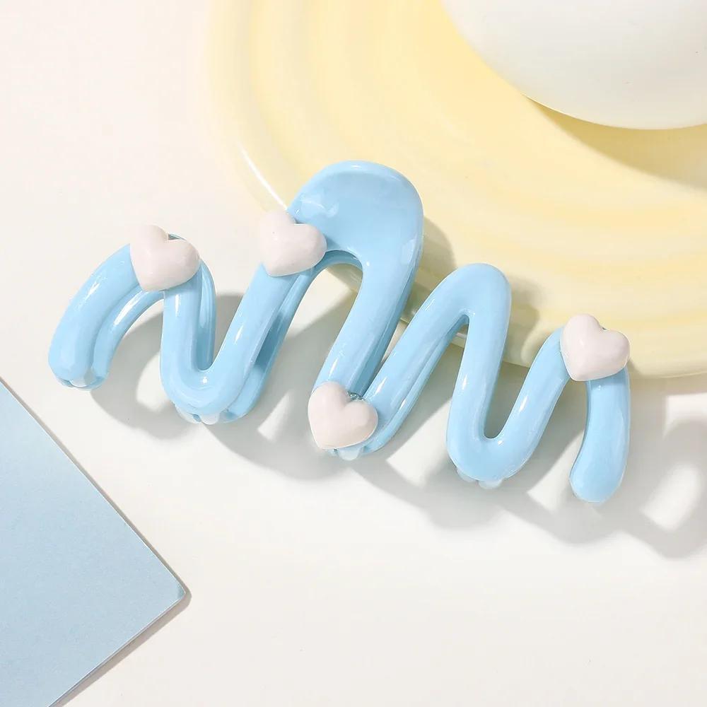 Cream Color Blue Heart Wave Shaped Hair Claw Clips for Women Sweet Irregular Shark Clip 10.5CM Large Ponytail Clip Hairpins
