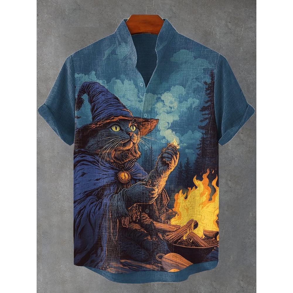 Men's Sunflower Cat All Over Art Print Shirts 3D Anime Hawaiian Shirt Men Women Short Sleeve Lapel Blouse Oversized Y2k Top