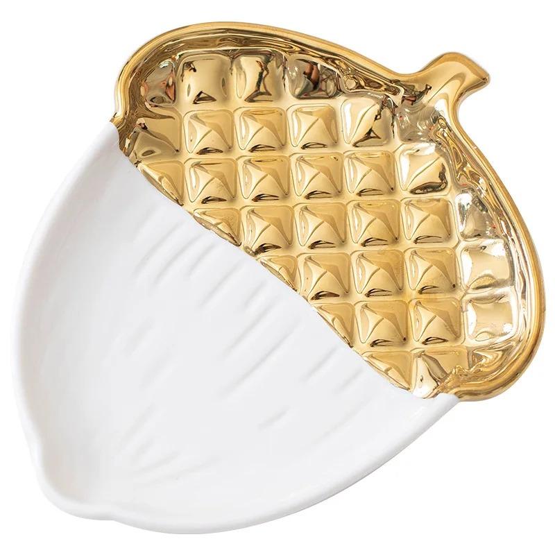 Ceramic Tray with Gold Pinecone Design - Creative Jewelry Organizer Entryway Key Tray  Home Decor Display  Ideal for Small Items