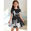 Cute Cat Girls' Princess Dress Summer Casual Dress for Girls Cartoon Graphic Outfit O-Neck Birthday Gifts Children Clothes