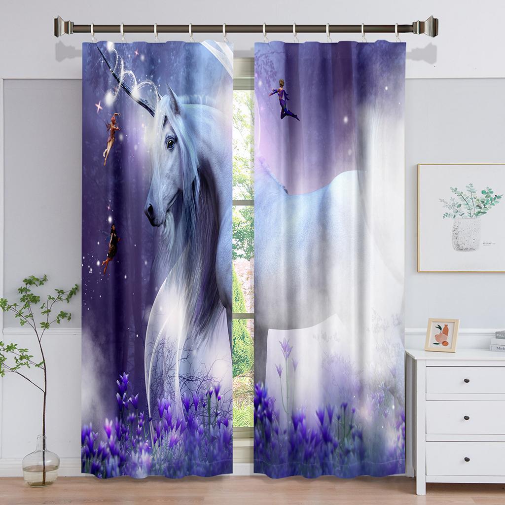 Dreamy Colorful Unicorn Angel Horse Thin Window Curtains for Living Room Bedroom Bathroom Kicthen Door Cupboard Home Hooks 2Pcs