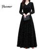 Long Dress V Neck Sleeves Waist Tight A-Line Unique Pattern Women Spring Autumn Pleated Loose Hem Solid Color Velvet Maxi Party