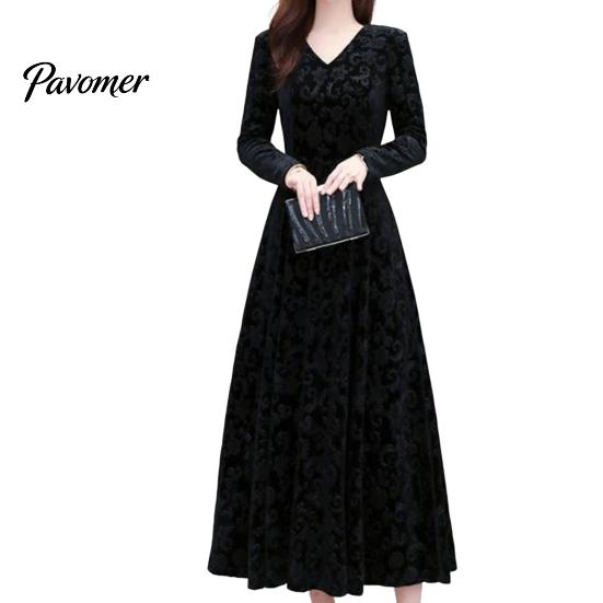 Long Dress V Neck Sleeves Waist Tight A-Line Unique Pattern Women Spring Autumn Pleated Loose Hem Solid Color Velvet Maxi Party