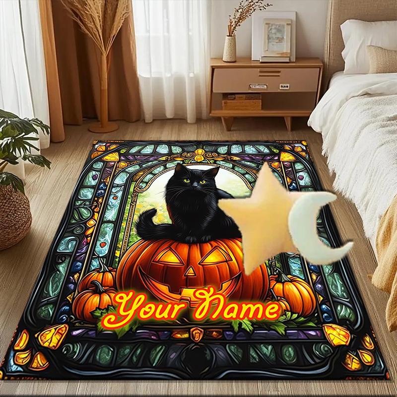 1PC Custom Name Halloween Black Cat Pumpkin Theme Floor Mat Ideal for Living Room, Game Rooms, Office, Bedroom, Floor Mat Playful Design