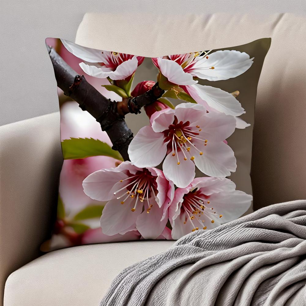 Beautiful Cherry Blossoms Cushion Cover Pillowcase Antidustmite Invisible Zipper Short Plush Sofa Cushion