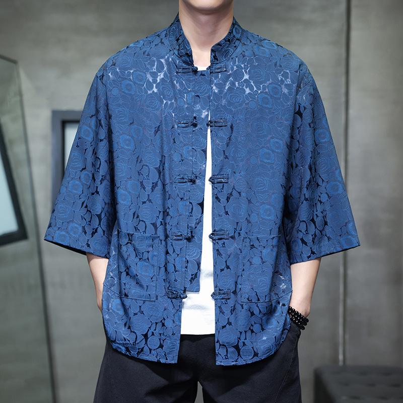 Chinese style ice silk seven-quarter-sleeved shirt men's Tang suit buckle Hanfu large size printed short-sleeved shirt ethnic style