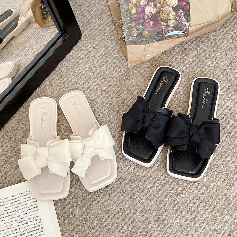 Bow Shaped Slippers for Women In Summer, Fashionable for Outdoor Wear, Flat Bottomed, Non Slip, and Soft Bottom for Home Use