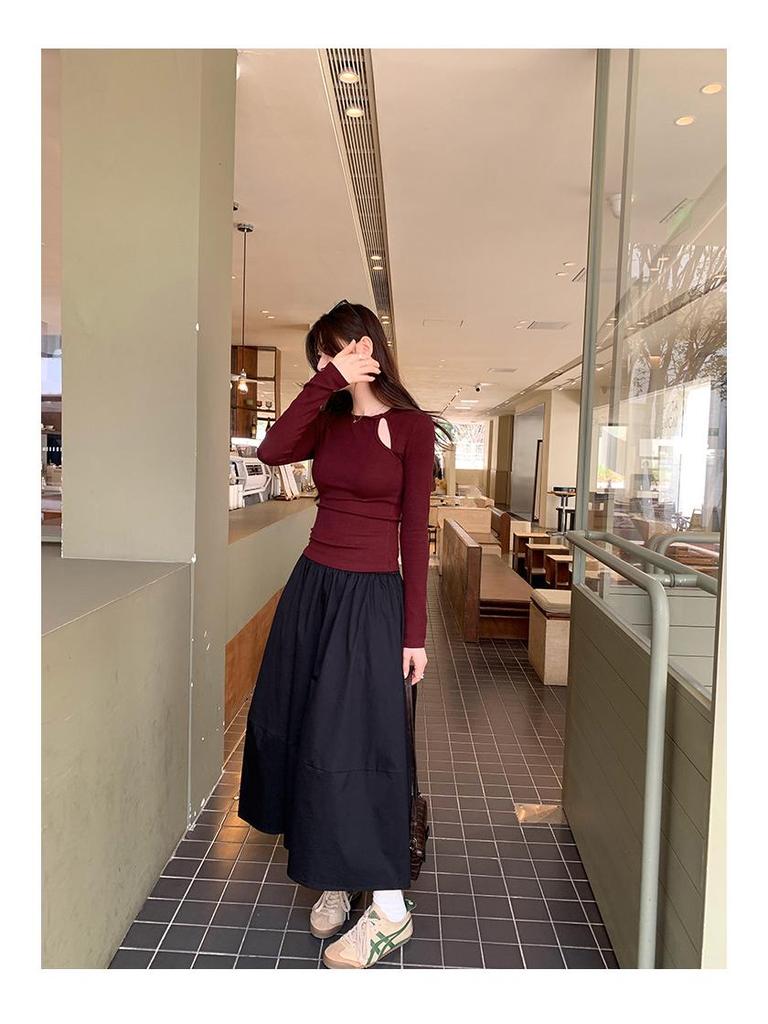 Women's Slim Fit Long Sleeve T-shirt - Pure Desire Collection: Hollow Round Neck, Drop Shoulder, Inner Layer for Autumn/Winter