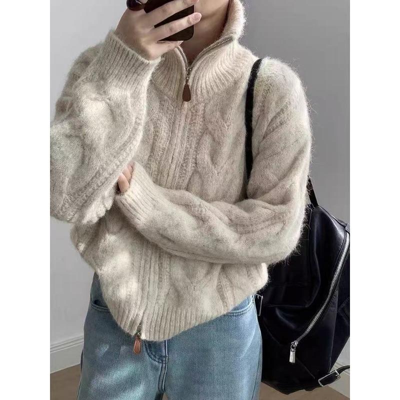 Autumn/Winter Twist Double Zipper Cardigan Sweater Women Fashion Elegant Turtleneck Loose Retro Knitted Jackets New Casual Solid Office Clothing