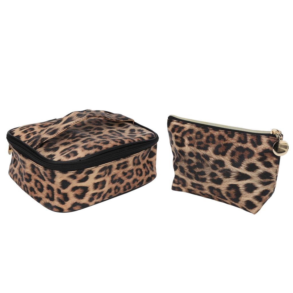 2pcs Leopard Print Makeup Bag Waterproof Multifunction Large Capacity Leopard Cosmetic Bag