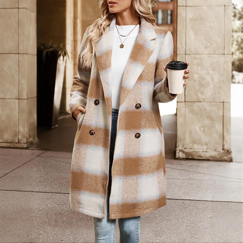 

Autumn winter y2k casual loose thickening coats retro style women s long double-breasted suit collar polished plaid jacket women XL