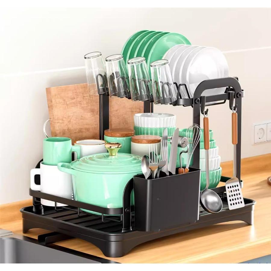 Household Kitchen Countertop Dish Rack Adjustable Utensil Drying Rack Plate Bowl Organizer with Drainer Tray SpaceSaving Storag