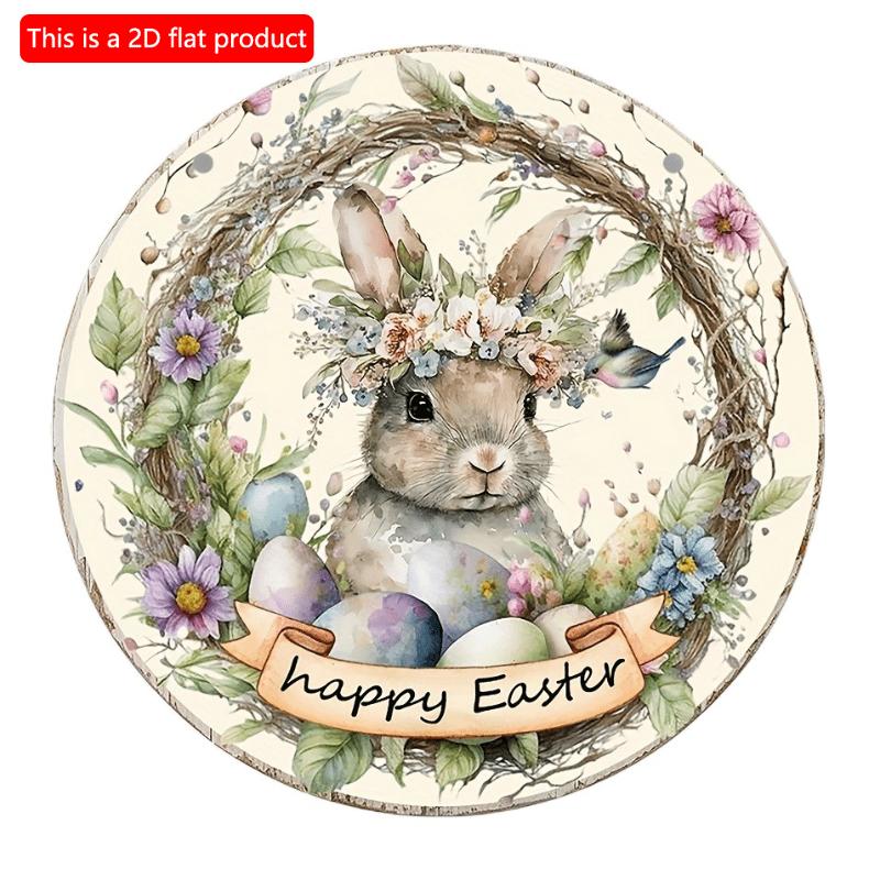 2d Flat 20*20cm, Easter Decoration, Happy Easter, Wooden Circular Wall Decoration, Cartoon Rabbit Easter Egg Welcome Door Number, for Home, Kitchen