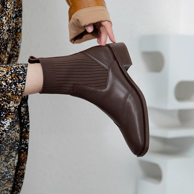 Chelsea high-heeled short boots women's spring and autumn single boots 2025 new elastic Martin boots thick heel leather thin socks boots