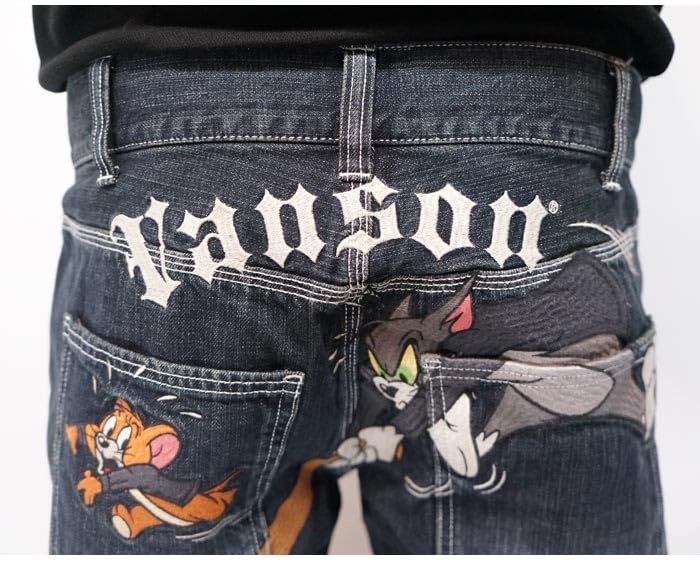 Vanson Tom Jerry Collaboration Embroidered & Men's Jeans, Denim, TJV-2516, Indigo-34