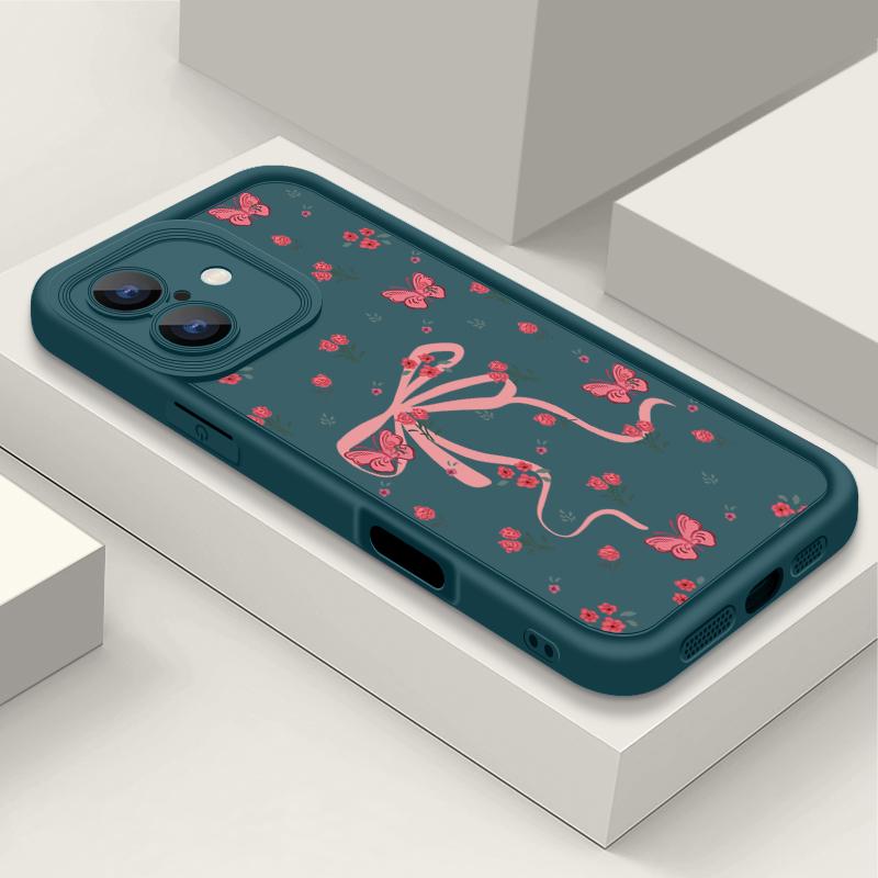 Carcasă Mată TPU cu Imprimeu Floral și Fundă pentru iPhone 16 Pro Max 15 Pro 14 13 12 11 XS XR Protecție Obiectiv Rezistent la Șocuri Husă Moale Silicon Telefon