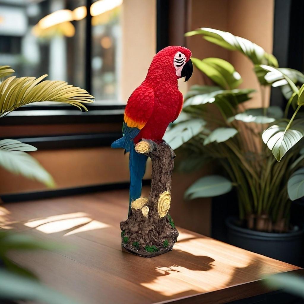 Parrot Figurine with Tree Trunk Base Vibrant Carved for Garden