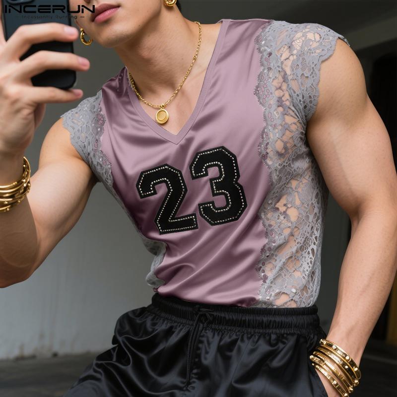 INCERUN Men V Neck Sleeveless Lace Hem Letter Patchwork Casual Tank Tops Undershirts