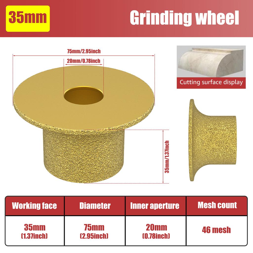 3in Dia Vacuum Brazed Diamond Grinding Wheel 20mm Bore Dia Demi-Bullnose Marble Stone Edge Profile Grinding Disc 46 Grit